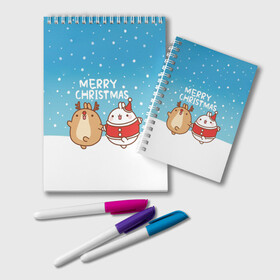 Блокнот с принтом Molang Merry Christmas в Курске, 100% бумага | 48 листов, плотность листов — 60 г/м2, плотность картонной обложки — 250 г/м2. Листы скреплены удобной пружинной спиралью. Цвет линий — светло-серый
 | Тематика изображения на принте: chicken | christmas | deer | korea | molang | newyear | piupiu | rabbit | smow | snowflakes | winter | год | зима | корея | кролик | моланг | новый | олень | пиу | рождество | снег | снежинка
