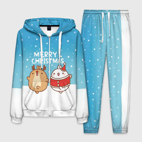 Мужской костюм 3D с принтом Molang Merry Christmas в Курске, 100% полиэстер | Манжеты и пояс оформлены тканевой резинкой, двухслойный капюшон со шнурком для регулировки, карманы спереди | chicken | christmas | deer | korea | molang | newyear | piupiu | rabbit | smow | snowflakes | winter | год | зима | корея | кролик | моланг | новый | олень | пиу | рождество | снег | снежинка