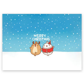 Поздравительная открытка с принтом Molang. Merry Christmas в Курске, 100% бумага | плотность бумаги 280 г/м2, матовая, на обратной стороне линовка и место для марки
 | Тематика изображения на принте: chicken | christmas | deer | korea | molang | newyear | piupiu | rabbit | smow | snowflakes | winter | год | зима | корея | кролик | моланг | новый | олень | пиу | рождество | снег | снежинка