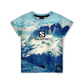 Детская футболка 3D с принтом SALOMON в Курске, 100% гипоаллергенный полиэфир | прямой крой, круглый вырез горловины, длина до линии бедер, чуть спущенное плечо, ткань немного тянется | Тематика изображения на принте: salomon | горы | снег | спорт