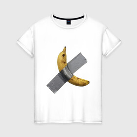 Женская футболка хлопок с принтом  Банан за 120 тысяч долларов в Курске, 100% хлопок | прямой крой, круглый вырез горловины, длина до линии бедер, слегка спущенное плечо | art basel | banan | mem | memas | meme | мем | мемас | мемчик