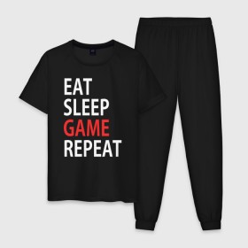 Мужская пижама хлопок с принтом Eat sleep game repeat в Курске, 100% хлопок | брюки и футболка прямого кроя, без карманов, на брюках мягкая резинка на поясе и по низу штанин
 | bf | cod | cs go | dota 2 | eat sleep game repert | esgr | gamer | games | lol | mem | memes | pc | ps3 | ps4 | wow | xbox | ешь спи играй повтори | игра | игрок | игры | мем | мемы