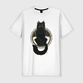 Мужская футболка хлопок Slim с принтом Йольский кот в Курске, 92% хлопок, 8% лайкра | приталенный силуэт, круглый вырез ворота, длина до линии бедра, короткий рукав | йоль | йольский кот | кот | мифы | праздник | руны | солнцестояние | черный кот
