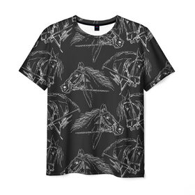 Мужская футболка 3D с принтом кони в Курске, 100% полиэфир | прямой крой, круглый вырез горловины, длина до линии бедер | животные | конный спорт | конь | лошадь | наездник | спорт