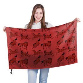 Флаг 3D с принтом красные кони в Курске, 100% полиэстер | плотность ткани — 95 г/м2, размер — 67 х 109 см. Принт наносится с одной стороны | животные | конный спорт | конь | лошадь | наездник | спорт