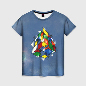 Женская футболка 3D с принтом Кубик Рубика в Курске, 100% полиэфир ( синтетическое хлопкоподобное полотно) | прямой крой, круглый вырез горловины, длина до линии бедер | mathematica | кубик | магия. формулы | математика | наука | рубика | соберись | технарь