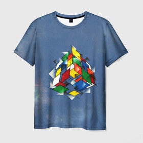 Мужская футболка 3D с принтом Кубик Рубика в Курске, 100% полиэфир | прямой крой, круглый вырез горловины, длина до линии бедер | Тематика изображения на принте: mathematica | кубик | магия. формулы | математика | наука | рубика | соберись | технарь