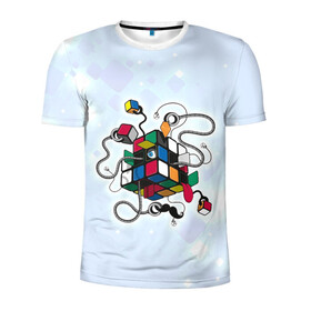 Мужская футболка 3D спортивная с принтом Кубик Рубика в Курске, 100% полиэстер с улучшенными характеристиками | приталенный силуэт, круглая горловина, широкие плечи, сужается к линии бедра | Тематика изображения на принте: mathematica | кубик | магия. формулы | математика | наука | рубика | соберись | технарь