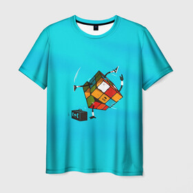 Мужская футболка 3D с принтом Кубик Рубика танцор в Курске, 100% полиэфир | прямой крой, круглый вырез горловины, длина до линии бедер | Тематика изображения на принте: mathematica | кубик | магия. формулы | математика | наука | рубика | соберись | танец | технарь