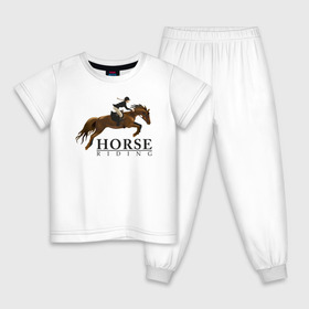 Детская пижама хлопок с принтом HORSE RIDING в Курске, 100% хлопок |  брюки и футболка прямого кроя, без карманов, на брюках мягкая резинка на поясе и по низу штанин
 | Тематика изображения на принте: животные | конный спорт | конь | лошадь | наездник | спорт | стикер