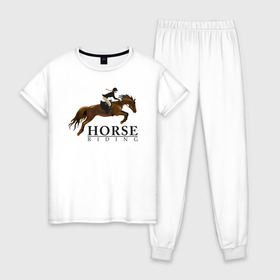 Женская пижама хлопок с принтом HORSE RIDING в Курске, 100% хлопок | брюки и футболка прямого кроя, без карманов, на брюках мягкая резинка на поясе и по низу штанин | животные | конный спорт | конь | лошадь | наездник | спорт | стикер