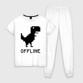 Женская пижама хлопок с принтом Offline в Курске, 100% хлопок | брюки и футболка прямого кроя, без карманов, на брюках мягкая резинка на поясе и по низу штанин | Тематика изображения на принте: dinosaur | google | internet | offline | гугл | динозавр | интернет | офлайн | оффлайн