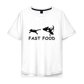 Мужская футболка хлопок Oversize с принтом Fast food (черный) в Курске, 100% хлопок | свободный крой, круглый ворот, “спинка” длиннее передней части | Тематика изображения на принте: fast food | бег | быстрая еда | быстро | догнать | домашние животные | животные | забавные животные | кот | кот и пес | кошка | ловить | любителю собак | пес | преследовать | прикол | смешное