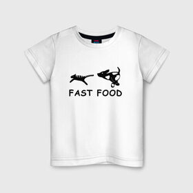 Детская футболка хлопок с принтом Fast food (черный) в Курске, 100% хлопок | круглый вырез горловины, полуприлегающий силуэт, длина до линии бедер | fast food | бег | быстрая еда | быстро | догнать | домашние животные | животные | забавные животные | кот | кот и пес | кошка | ловить | любителю собак | пес | преследовать | прикол | смешное
