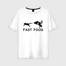 Женская футболка хлопок Oversize с принтом Fast food (черный) в Курске, 100% хлопок | свободный крой, круглый ворот, спущенный рукав, длина до линии бедер
 | fast food | бег | быстрая еда | быстро | догнать | домашние животные | животные | забавные животные | кот | кот и пес | кошка | ловить | любителю собак | пес | преследовать | прикол | смешное