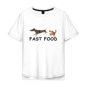 Мужская футболка хлопок Oversize с принтом Fast food (цвет) в Курске, 100% хлопок | свободный крой, круглый ворот, “спинка” длиннее передней части | fast food | бег | быстрая еда | быстро | догнать | домашние животные | животные | забавные животные | кот | кот и пес | кошка | кошка бежит | кошка и собака | ловить | любителю кошек | пес | преследовать