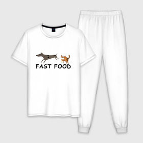 Мужская пижама хлопок с принтом Fast food (цвет) в Курске, 100% хлопок | брюки и футболка прямого кроя, без карманов, на брюках мягкая резинка на поясе и по низу штанин
 | fast food | бег | быстрая еда | быстро | догнать | домашние животные | животные | забавные животные | кот | кот и пес | кошка | кошка бежит | кошка и собака | ловить | любителю кошек | пес | преследовать