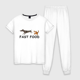 Женская пижама хлопок с принтом Fast food (цвет) в Курске, 100% хлопок | брюки и футболка прямого кроя, без карманов, на брюках мягкая резинка на поясе и по низу штанин | fast food | бег | быстрая еда | быстро | догнать | домашние животные | животные | забавные животные | кот | кот и пес | кошка | кошка бежит | кошка и собака | ловить | любителю кошек | пес | преследовать