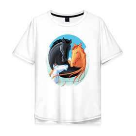 Мужская футболка хлопок Oversize с принтом лошади семья в Курске, 100% хлопок | свободный крой, круглый ворот, “спинка” длиннее передней части | Тематика изображения на принте: 