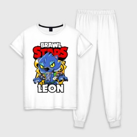 Женская пижама хлопок с принтом BRAWL STARS WEREWOLF LEON в Курске, 100% хлопок | брюки и футболка прямого кроя, без карманов, на брюках мягкая резинка на поясе и по низу штанин | brawl stars | brawl stars werewolf leon | brawler | leon | werewolf | бравл старз | бравлер | волк | леон | оборотень | оборотень леон