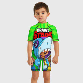 Детский купальный костюм 3D с принтом BRAWL STARS LEON в Курске, Полиэстер 85%, Спандекс 15% | застежка на молнии на спине | brawl stars | brawl stars leon | brawler | leon | sally | shark | акула | бравл старз | бравлер | леон | салли