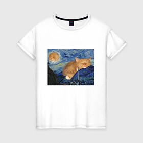 Женская футболка хлопок с принтом Звёздная ночь и коты в Курске, 100% хлопок | прямой крой, круглый вырез горловины, длина до линии бедер, слегка спущенное плечо | арт | ван гог | животные | звёздная ночь | искусство | картина | котик | коты | кошка | мем | прикол | смешная картинка | юмор