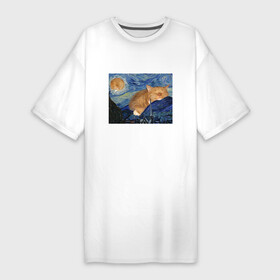 Платье-футболка хлопок с принтом Звёздная ночь и коты в Курске,  |  | арт | ван гог | животные | звёздная ночь | искусство | картина | котик | коты | кошка | мем | прикол | смешная картинка | юмор
