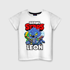 Детская футболка хлопок с принтом BRAWL STARS LEON в Курске, 100% хлопок | круглый вырез горловины, полуприлегающий силуэт, длина до линии бедер | brawl stars | brawl stars leon | brawler | leon | shark | werewolf | акула | бравл старз | бравлер | леон | оборотень