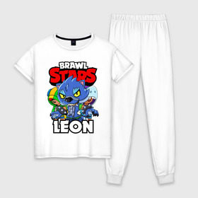 Женская пижама хлопок с принтом BRAWL STARS LEON в Курске, 100% хлопок | брюки и футболка прямого кроя, без карманов, на брюках мягкая резинка на поясе и по низу штанин | brawl stars | brawl stars leon | brawler | leon | shark | werewolf | акула | бравл старз | бравлер | леон | оборотень