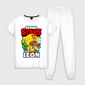 Женская пижама хлопок с принтом BRAWL STARS LEON в Курске, 100% хлопок | брюки и футболка прямого кроя, без карманов, на брюках мягкая резинка на поясе и по низу штанин | brawl stars | brawl stars leon | brawler | leon | sally | shark | акула | бравл старз | бравлер | леон | салли