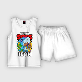 Детская пижама с шортами хлопок с принтом BRAWL STARS LEON в Курске,  |  | brawl stars | brawl stars leon | brawler | leon | sally | shark | werewolf | акула | бравл старз | бравлер | леон | оборотень | салли