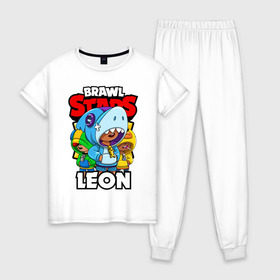 Женская пижама хлопок с принтом BRAWL STARS LEON в Курске, 100% хлопок | брюки и футболка прямого кроя, без карманов, на брюках мягкая резинка на поясе и по низу штанин | brawl stars | brawl stars leon | brawler | leon | sally | shark | werewolf | акула | бравл старз | бравлер | леон | оборотень | салли