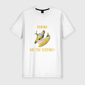 Мужская футболка хлопок Slim с принтом Банан,ты спишь? в Курске, 92% хлопок, 8% лайкра | приталенный силуэт, круглый вырез ворота, длина до линии бедра, короткий рукав | mem | memes | еда | мем | попугаи | попугай и банан | прикол | прикольный | смешной | юмор