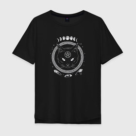 Мужская футболка хлопок Oversize с принтом Кот во тьме в Курске, 100% хлопок | свободный крой, круглый ворот, “спинка” длиннее передней части | кот | кристаллы | лунный цикл | пентаграмма | рисунок | тьма