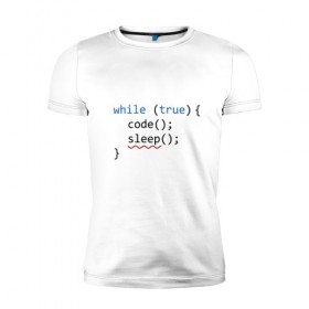 Мужская футболка премиум с принтом Code - sleep в Курске, 92% хлопок, 8% лайкра | приталенный силуэт, круглый вырез ворота, длина до линии бедра, короткий рукав | Тематика изображения на принте: c | c++ | code | coder | computer | hacker | java | programm | tag | жизнь | код | кодер | программа | программист | сон | хакер | хочу спать