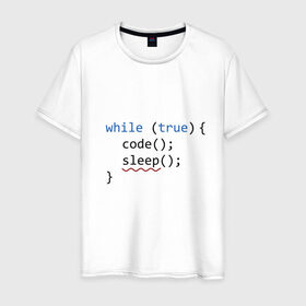 Мужская футболка хлопок с принтом Code - sleep в Курске, 100% хлопок | прямой крой, круглый вырез горловины, длина до линии бедер, слегка спущенное плечо. | Тематика изображения на принте: c | c++ | code | coder | computer | hacker | java | programm | tag | жизнь | код | кодер | программа | программист | сон | хакер | хочу спать