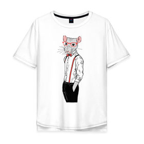 Мужская футболка хлопок Oversize с принтом Крыса в очках в Курске, 100% хлопок | свободный крой, круглый ворот, “спинка” длиннее передней части | Тематика изображения на принте: год крысы | крыса | новый год