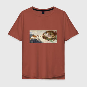 Мужская футболка хлопок Oversize с принтом Сотворение Адама и кот в Курске, 100% хлопок | свободный крой, круглый ворот, “спинка” длиннее передней части | mem | memes | весело | искусство | кот | котик | мем | прикол | сотворение адама