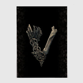 Постер с принтом Vikings (bones logo) в Курске, 100% бумага
 | бумага, плотность 150 мг. Матовая, но за счет высокого коэффициента гладкости имеет небольшой блеск и дает на свету блики, но в отличии от глянцевой бумаги не покрыта лаком | Тематика изображения на принте: bones | good | skull | viking | vikings | бог | викинг | викинги | кости | скандинавы | череп | язычник