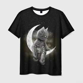 Мужская футболка 3D с принтом Кот на луне в Курске, 100% полиэфир | прямой крой, круглый вырез горловины, длина до линии бедер | Тематика изображения на принте: cat | kitten | звёзды | космос | кот | котейка | котёнок | кошка | луна