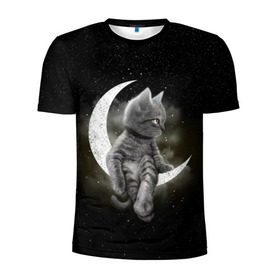 Мужская футболка 3D спортивная с принтом Кот на луне в Курске, 100% полиэстер с улучшенными характеристиками | приталенный силуэт, круглая горловина, широкие плечи, сужается к линии бедра | Тематика изображения на принте: cat | kitten | звёзды | космос | кот | котейка | котёнок | кошка | луна