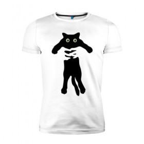 Мужская футболка премиум с принтом Черный кот в руках в Курске, 92% хлопок, 8% лайкра | приталенный силуэт, круглый вырез ворота, длина до линии бедра, короткий рукав | Тематика изображения на принте: cat | в руках | глаза | животное | кот | котенок | кошка | милый | черный