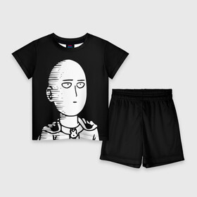 Детский костюм с шортами 3D с принтом Сайтама на черном фоне в Курске,  |  | one punch man | onepunchman | oppai | saitama | ван панч мен | ванпанчмен | макото миядзаки | сайтама | человек один удар