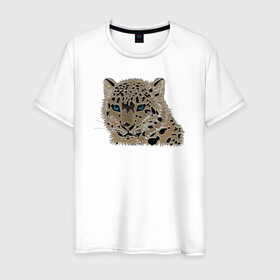 Мужская футболка хлопок с принтом Metallized Snow Leopard в Курске, 100% хлопок | прямой крой, круглый вырез горловины, длина до линии бедер, слегка спущенное плечо. | барс | ирбис | леопард | портрет барса | портрет леопарда | портрет ягуара | снежный барс | хищник | ягуар