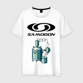 Мужская футболка хлопок с принтом SAMOGON в Курске, 100% хлопок | прямой крой, круглый вырез горловины, длина до линии бедер, слегка спущенное плечо. | Тематика изображения на принте: salomon | прикол | приколы | самогон | шутка | юмор
