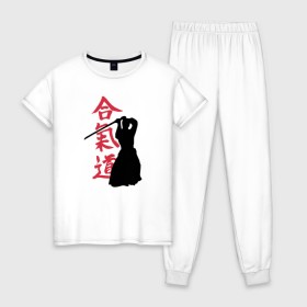 Женская пижама хлопок с принтом Айкидо в Курске, 100% хлопок | брюки и футболка прямого кроя, без карманов, на брюках мягкая резинка на поясе и по низу штанин | aikido | аикидо | айкидо | восточные единоборства | единоборства | морихей уэсиба