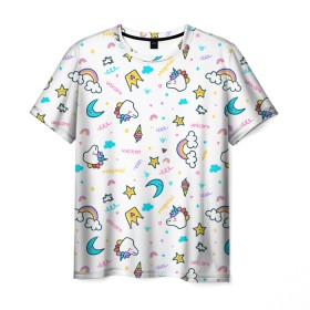 Мужская футболка 3D с принтом Единороги в Курске, 100% полиэфир | прямой крой, круглый вырез горловины, длина до линии бедер | unicorn | единорог | животные | корона | мороженое | облака | радуга | рог | текстура | узор