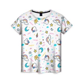 Женская футболка 3D с принтом Единороги в Курске, 100% полиэфир ( синтетическое хлопкоподобное полотно) | прямой крой, круглый вырез горловины, длина до линии бедер | unicorn | единорог | животные | корона | мороженое | облака | радуга | рог | текстура | узор