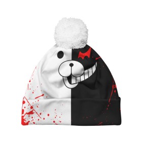 Шапка 3D c помпоном с принтом MONOKUMA в Курске, 100% полиэстер | универсальный размер, печать по всей поверхности изделия | anime | bear | black  white | danganronpa | kurokuma | monodam | monokuma | monomi | monotaro | rabbit | school | shirokuma | аниме | главарь | мoноми | монокума | черно белый | школа