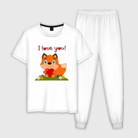 Мужская пижама хлопок с принтом влюбленная лисичка i love you! в Курске, 100% хлопок | брюки и футболка прямого кроя, без карманов, на брюках мягкая резинка на поясе и по низу штанин
 | 